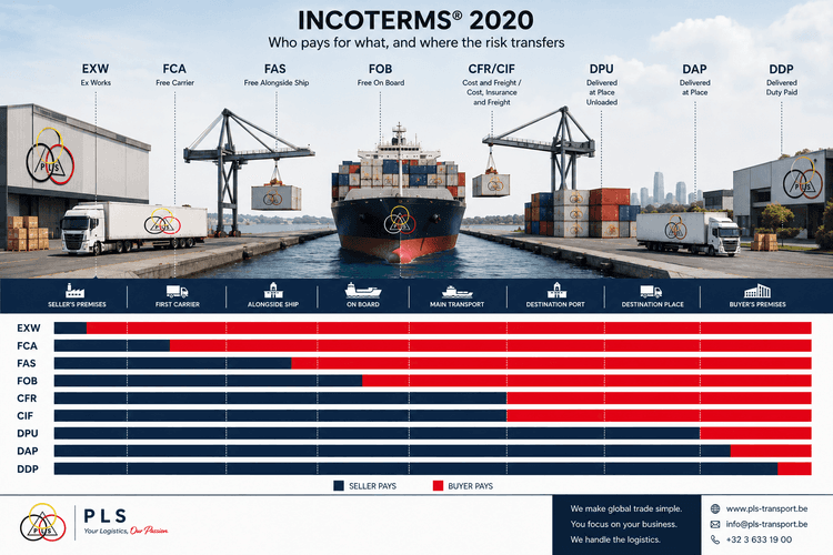 Container ship in a port under the title Incoterms 2020, with cranes and trucks on the quay.